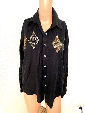 Vintage Christine Alexander Black Button Up Gold Diamond Embellished M